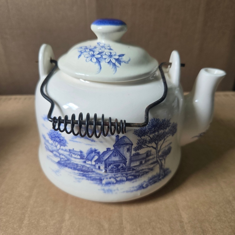 Vintage Blue White Ceramic Teapot Country Scene Windmill Wire Handle Japan Read!